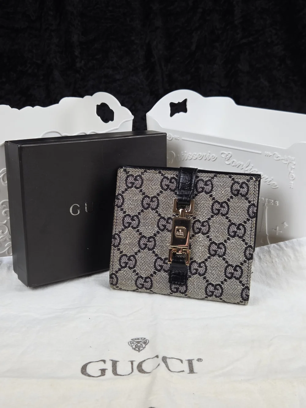 Gucci Vintage GG Monogram Jackie Clasp Wallet Black Leather with Box